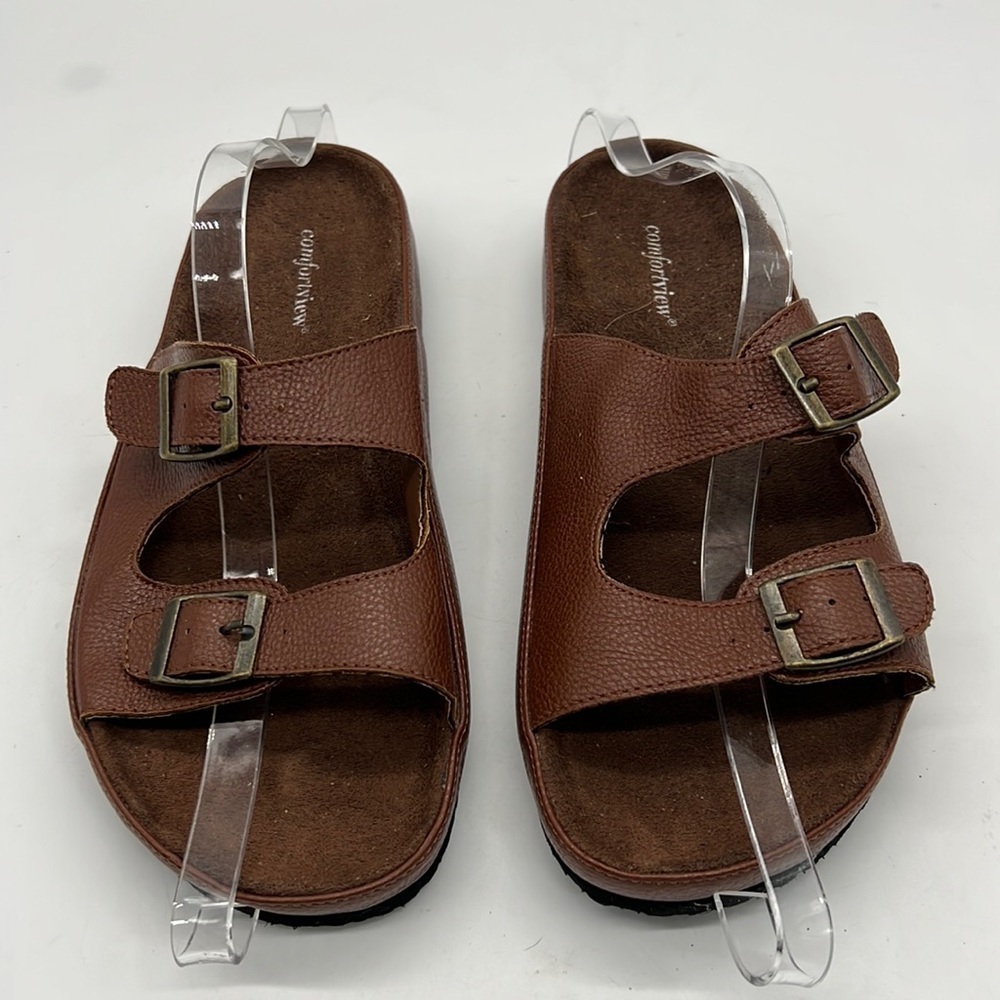 Comfortview Brown Slip On Sandal with Double Buckled Straps size 10